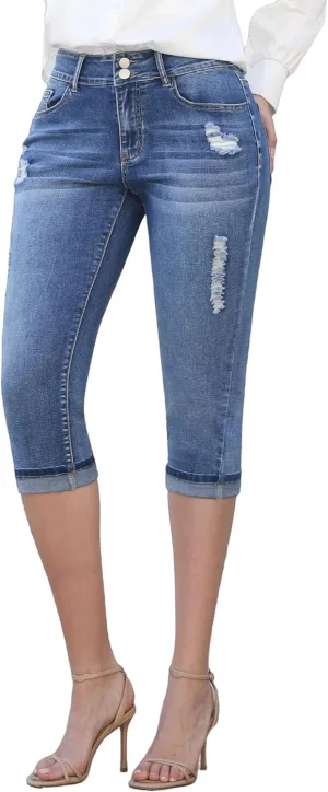 Women's Capri Pants Skinny Stretchy Ripped High Waisted Cuffed Denim Jeans