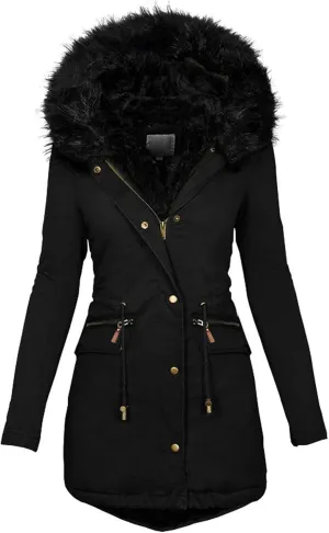 Womens Casual Faux Fur Lapel Zip Quilted Parka Jacket Puffer Coat Fall Winter Coat Thicken Military Parka Jacket