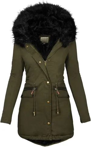 Womens Casual Faux Fur Lapel Zip Quilted Parka Jacket Puffer Coat Fall Winter Coat Thicken Military Parka Jacket