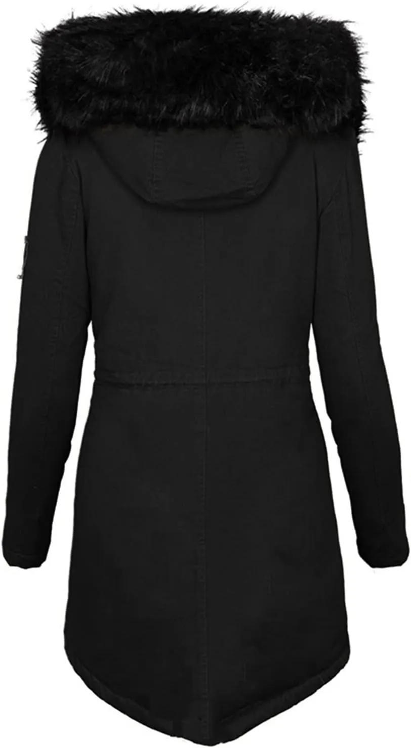 Womens Casual Faux Fur Lapel Zip Quilted Parka Jacket Puffer Coat Fall Winter Coat Thicken Military Parka Jacket