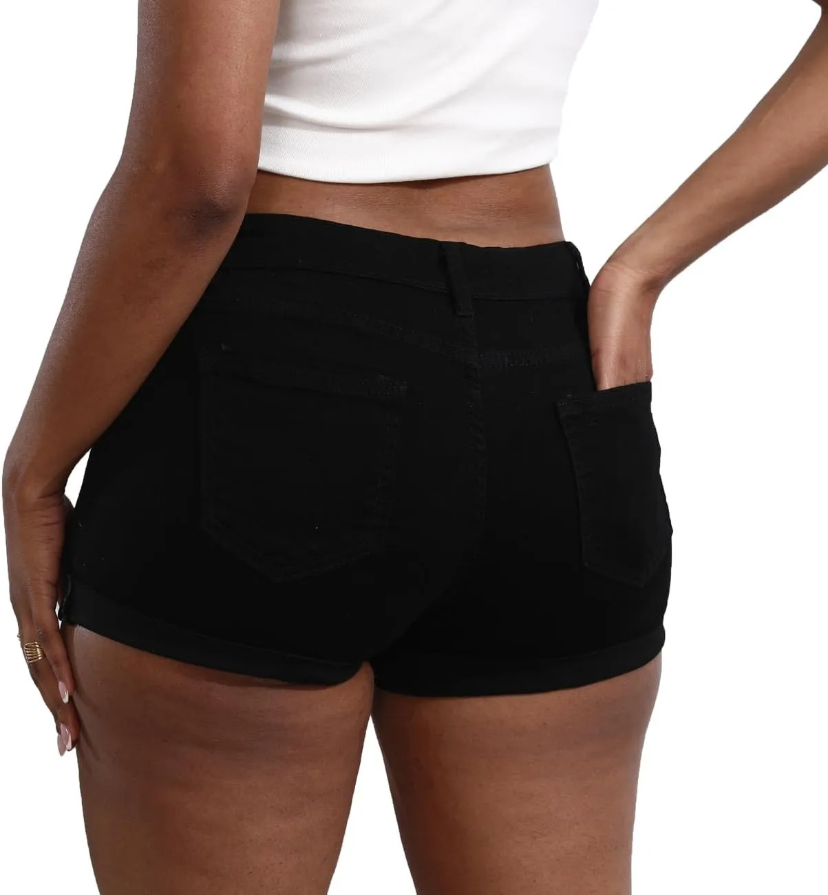 Women's Casual Stretchy Denim Shorts High Waisted Folded Hem Jeans Shorts