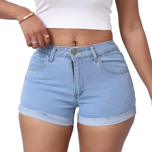 Women's Casual Stretchy Denim Shorts High Waisted Folded Hem Jeans Shorts