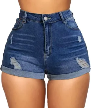 Women's Casual Stretchy Denim Shorts High Waisted Folded Hem Jeans Shorts