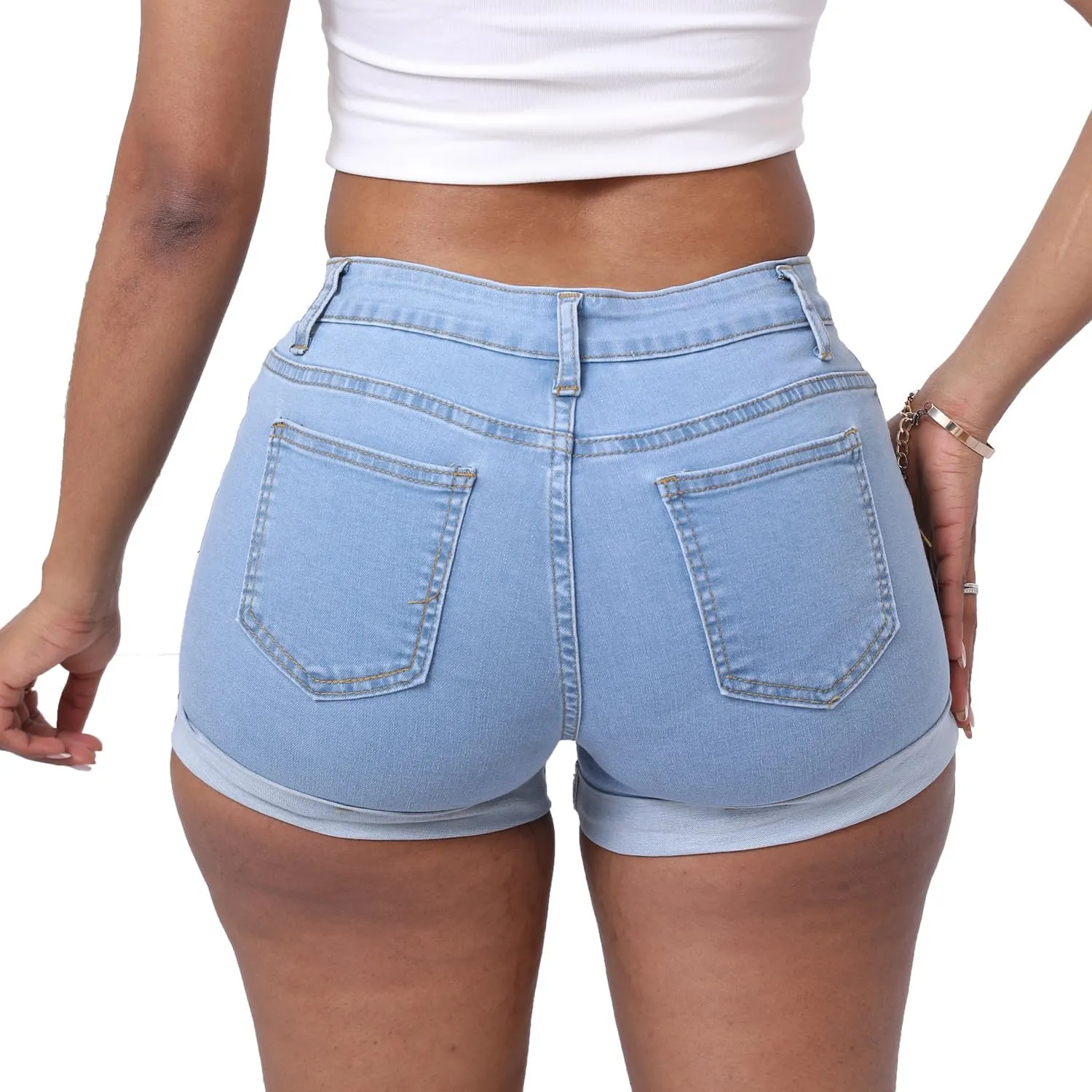 Women's Casual Stretchy Denim Shorts High Waisted Folded Hem Jeans Shorts