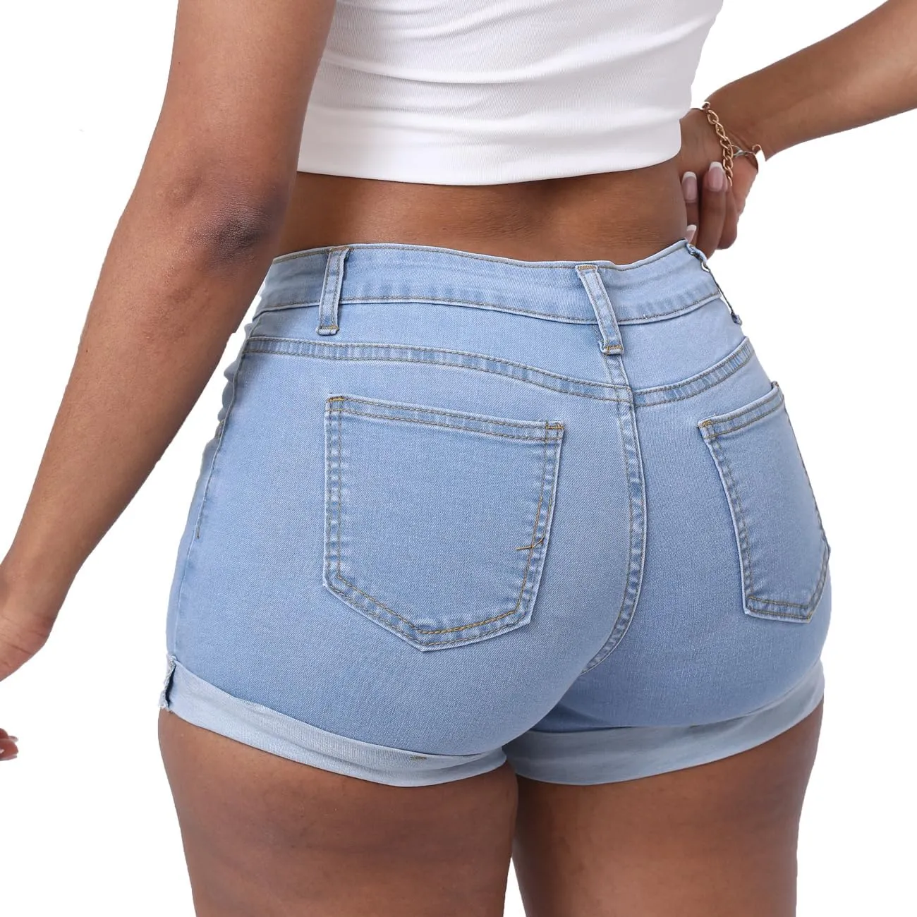Women's Casual Stretchy Denim Shorts High Waisted Folded Hem Jeans Shorts