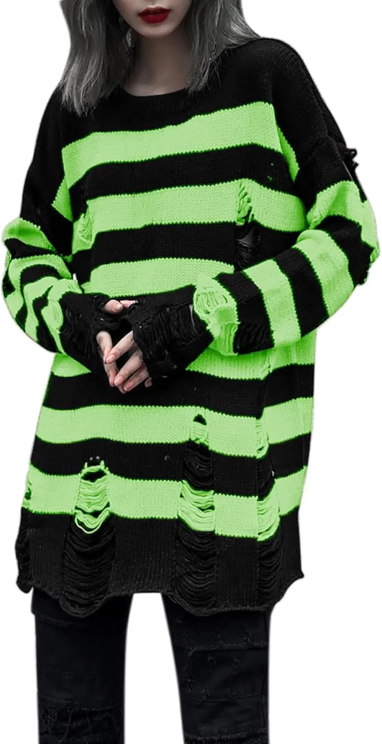 Womens Cozy Knit Jumper Sweater Long Sleeve Crew Neck Color Block Ripped Pullover Sweaters Crop Tops Goth Y2K Sweaters