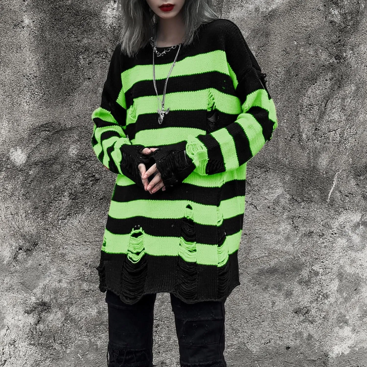 Womens Cozy Knit Jumper Sweater Long Sleeve Crew Neck Color Block Ripped Pullover Sweaters Crop Tops Goth Y2K Sweaters