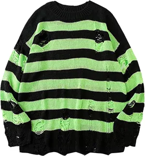 Womens Cozy Knit Jumper Sweater Long Sleeve Crew Neck Color Block Ripped Pullover Sweaters Crop Tops Goth Y2K Sweaters
