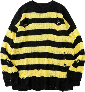Womens Cozy Knit Jumper Sweater Long Sleeve Crew Neck Color Block Ripped Pullover Sweaters Crop Tops Goth Y2K Sweaters