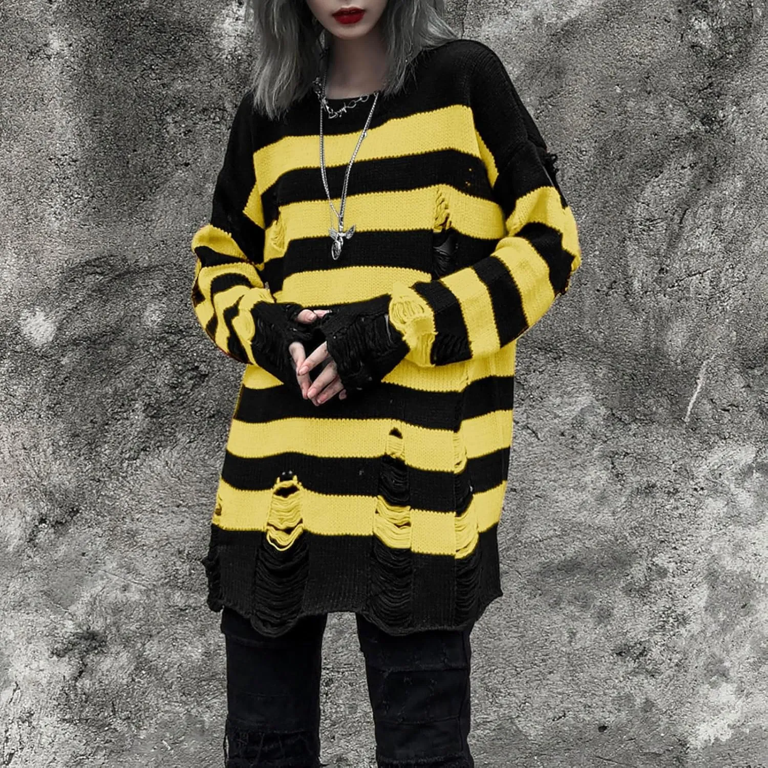Womens Cozy Knit Jumper Sweater Long Sleeve Crew Neck Color Block Ripped Pullover Sweaters Crop Tops Goth Y2K Sweaters
