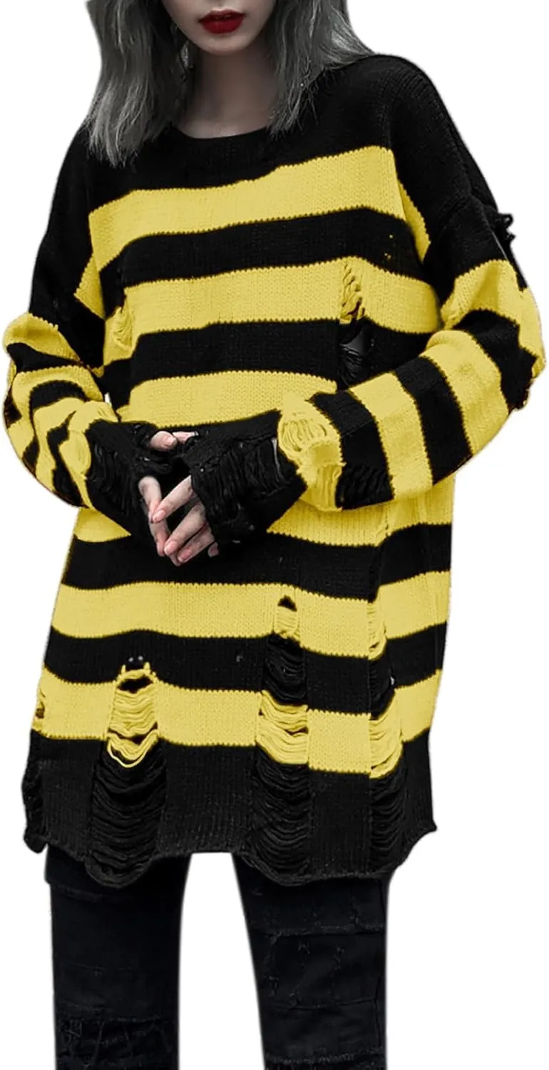 Womens Cozy Knit Jumper Sweater Long Sleeve Crew Neck Color Block Ripped Pullover Sweaters Crop Tops Goth Y2K Sweaters