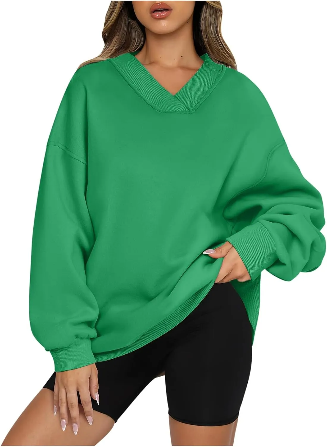 Women's Cute Oversized Hoodies,Casual V Neck Long Sleeve Fleece Sweatshirts Pullover Sweaters, Cute Basic Tops