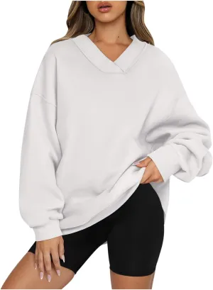 Women's Cute Oversized Hoodies,Casual V Neck Long Sleeve Fleece Sweatshirts Pullover Sweaters, Cute Basic Tops