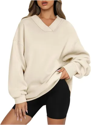 Women's Cute Oversized Hoodies,Casual V Neck Long Sleeve Fleece Sweatshirts Pullover Sweaters, Cute Basic Tops