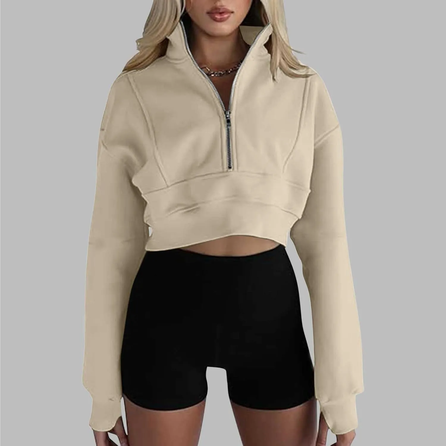 Womens Half Zipper Cropped Hoodies Sweatshirts Trendy Casual V Neck Long Sleeve Solid Color Comfy Trendy Clothes