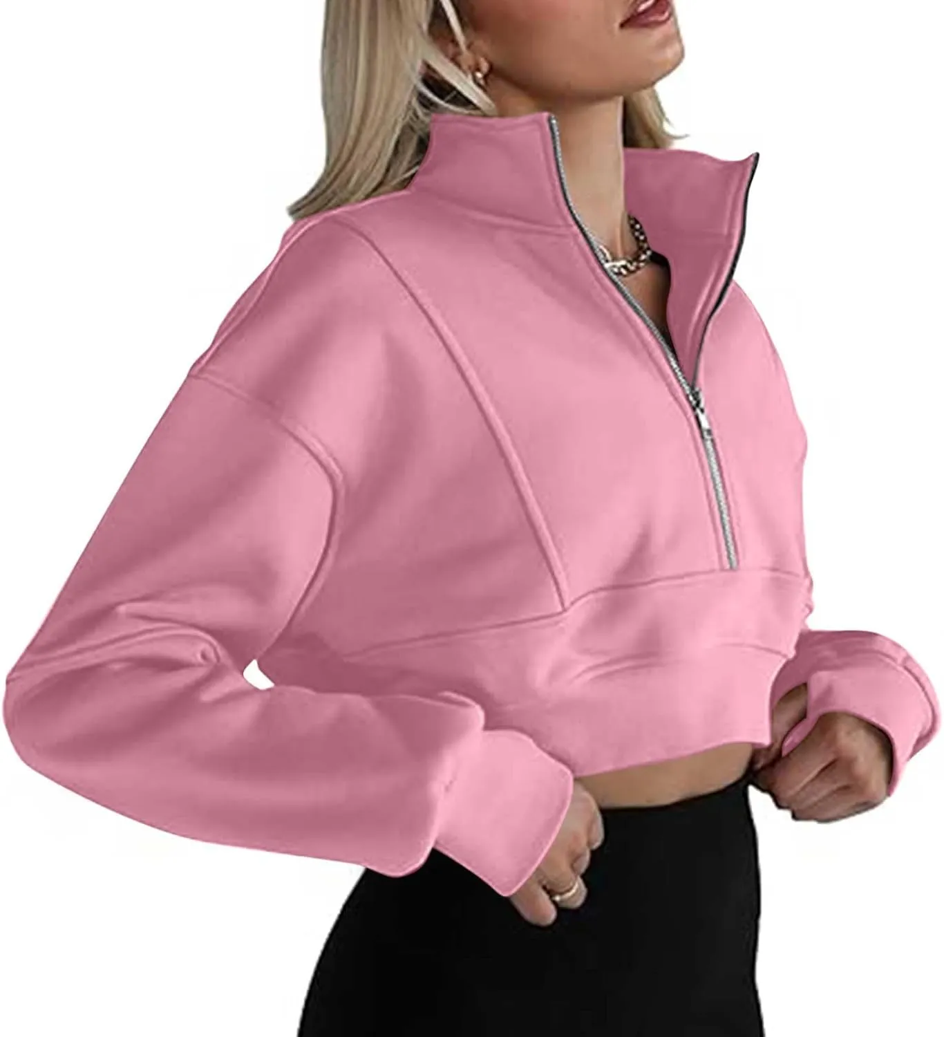 Women's Half Zipper Cropped Sweatshirts Hoodie,2024 Casual V Neck Long Sleeve Tunic Trendy Clothes with Thumb Hole