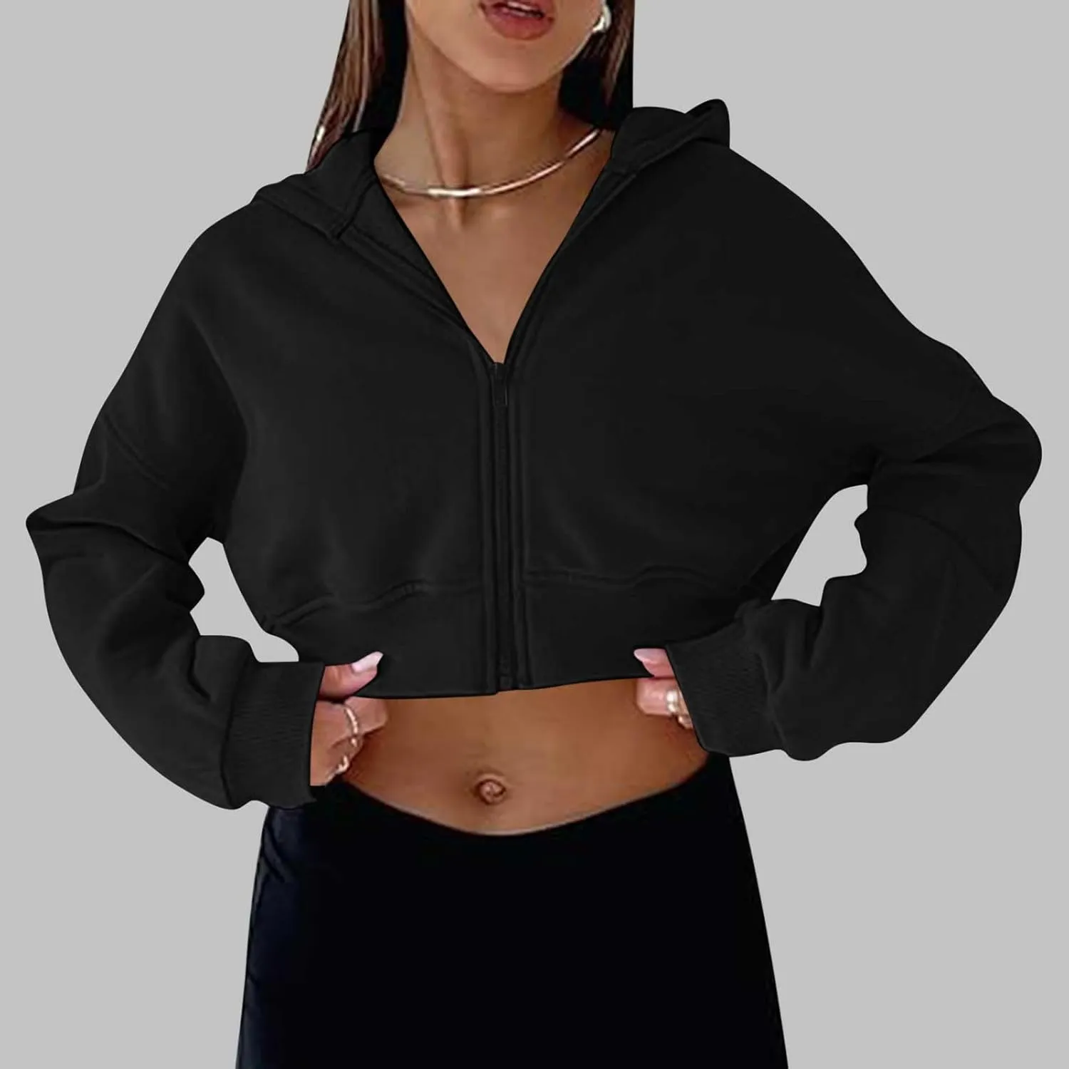 Women's Half Zipper Cropped Sweatshirts Hoodie,2024 Casual V Neck Long Sleeve Tunic Trendy Clothes with Thumb Hole