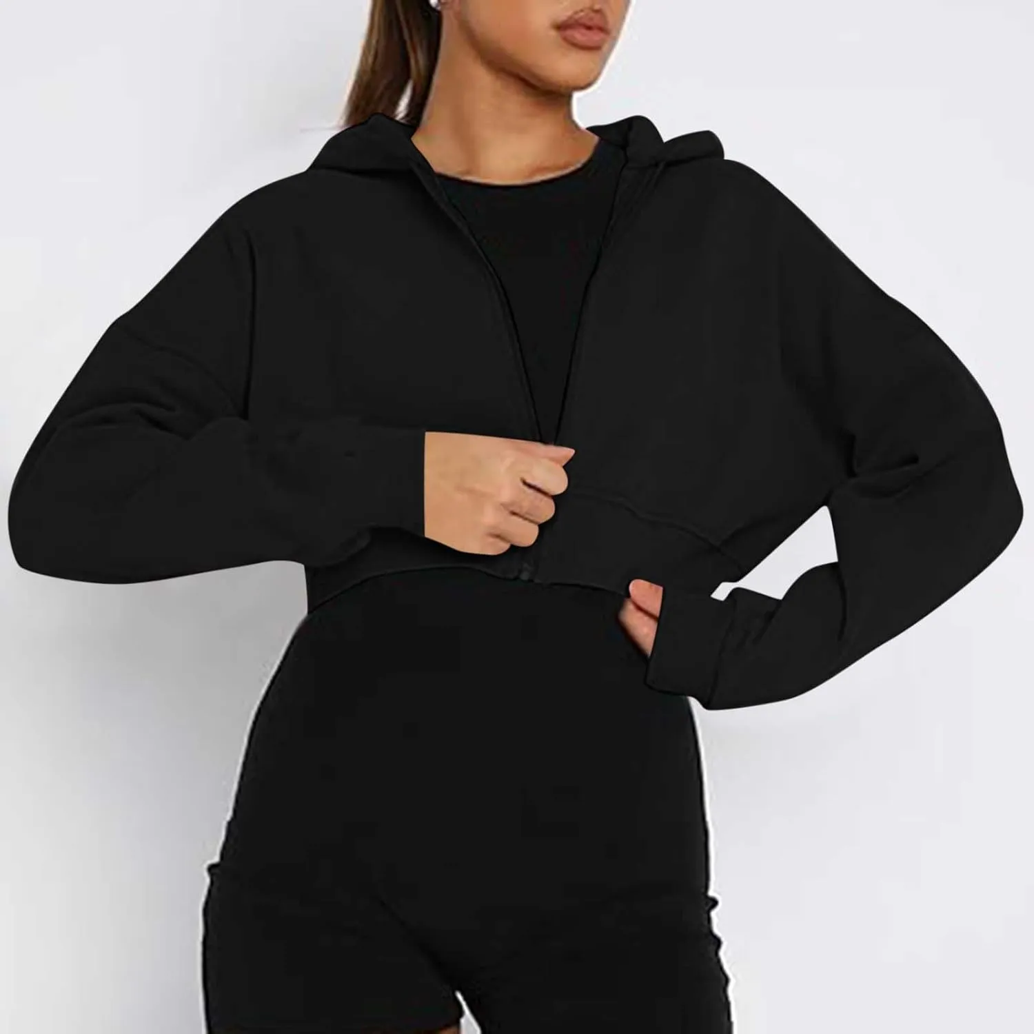 Women's Half Zipper Cropped Sweatshirts Hoodie,2024 Casual V Neck Long Sleeve Tunic Trendy Clothes with Thumb Hole