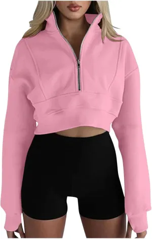 Women's Half Zipper Cropped Sweatshirts Hoodie,2024 Casual V Neck Long Sleeve Tunic Trendy Clothes with Thumb Hole