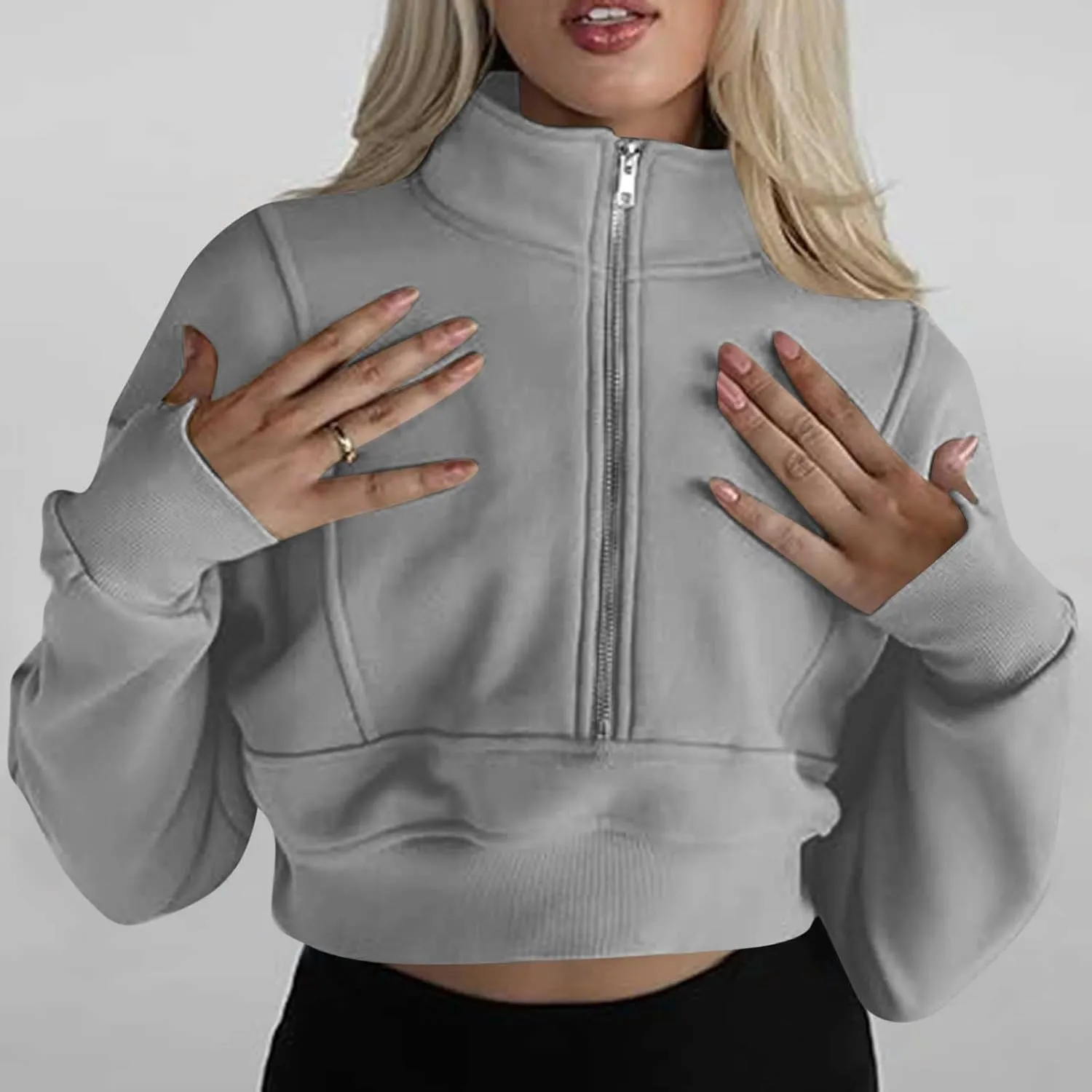 Women's Half Zipper Cropped Sweatshirts Hoodies,2024 Winter V Neck Long Sleeve Pullover Tunic with Thumb Hole