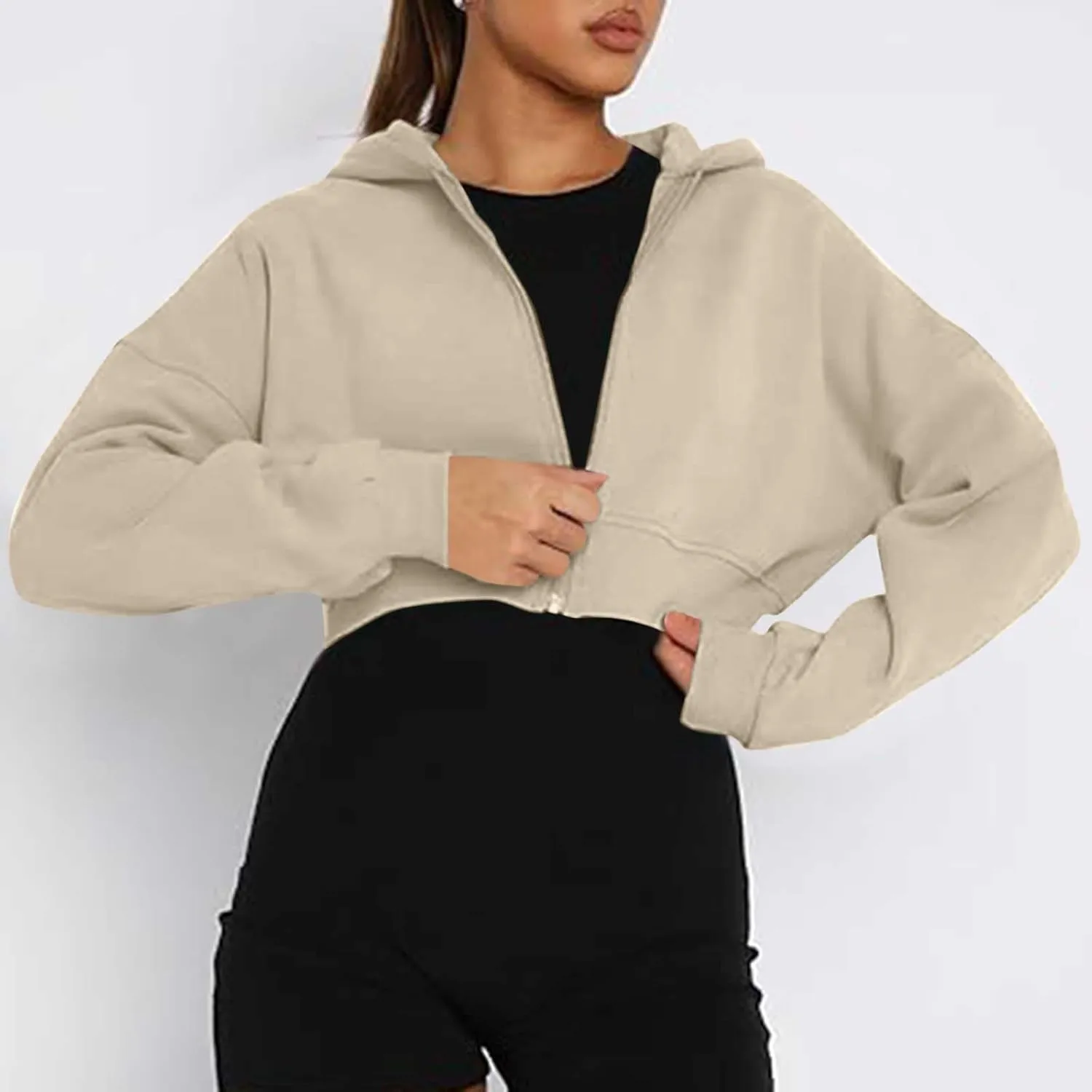 Women's Half Zipper Cropped Sweatshirts Hoodies,2024 Winter V Neck Long Sleeve Pullover Tunic with Thumb Hole