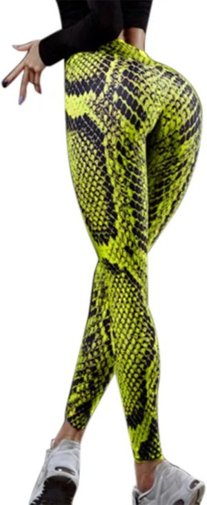 Women's High Waist Tummy Control Sporty Leggings Snakeskin Print Fitness Butt Scrunch Workout Yoga Pants Neon Soft