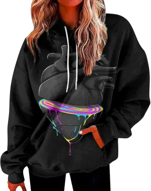 Womens Hoodies Long Sleeve Printed Pullover Graphic Sweatshirt Hooded Top Loose Hoodie Fall Outfits with Pocket
