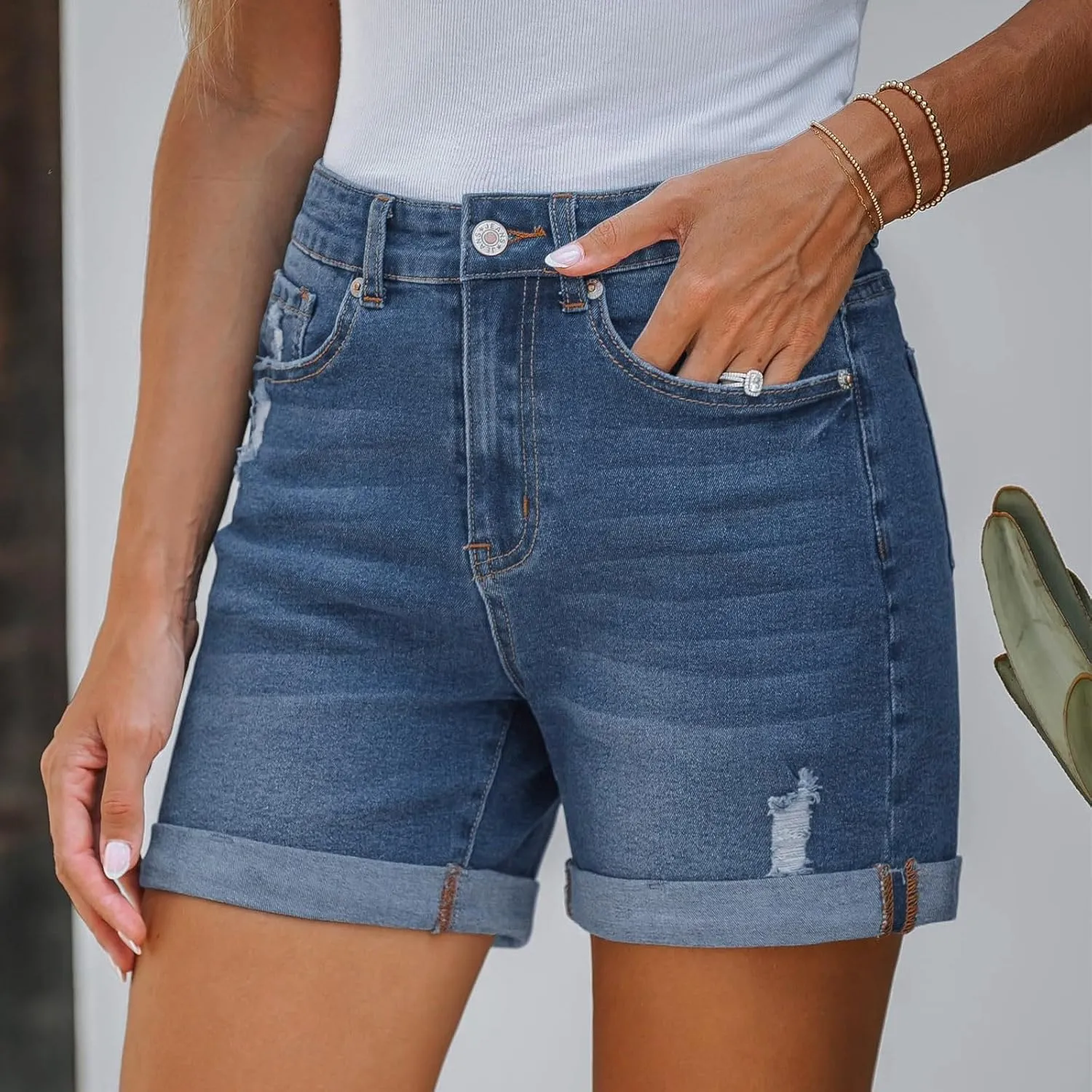 Women's Jeans Jean Shorts Stretchy High Waisted Ripped Denim Shorts with Pockets Trendy Distressed Cut Off Shorts