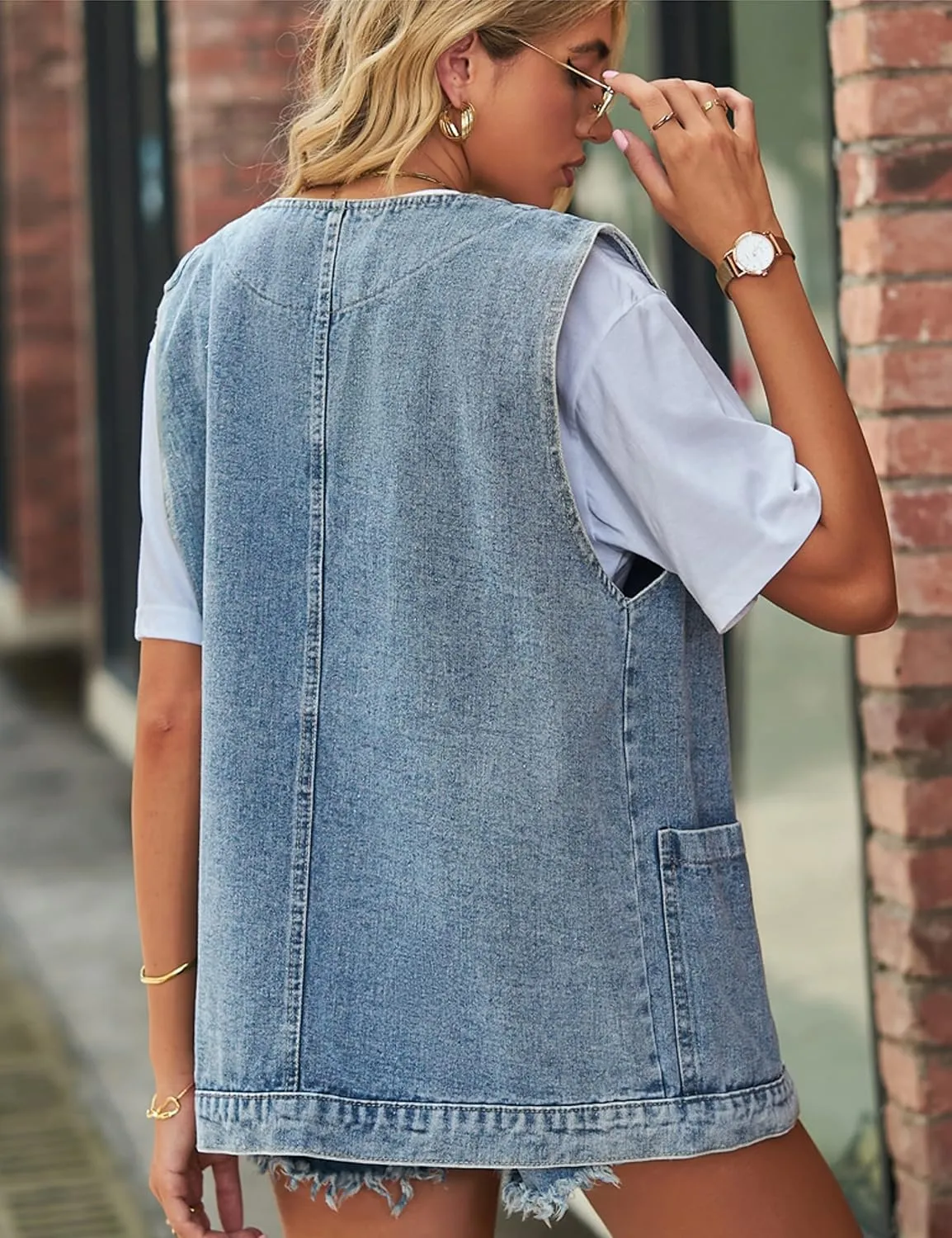 Womens Oversized Sleeveless Jean Denim Jacket Button Down Vest Top for Women Summer Waistcoat Jeans Vests Tops