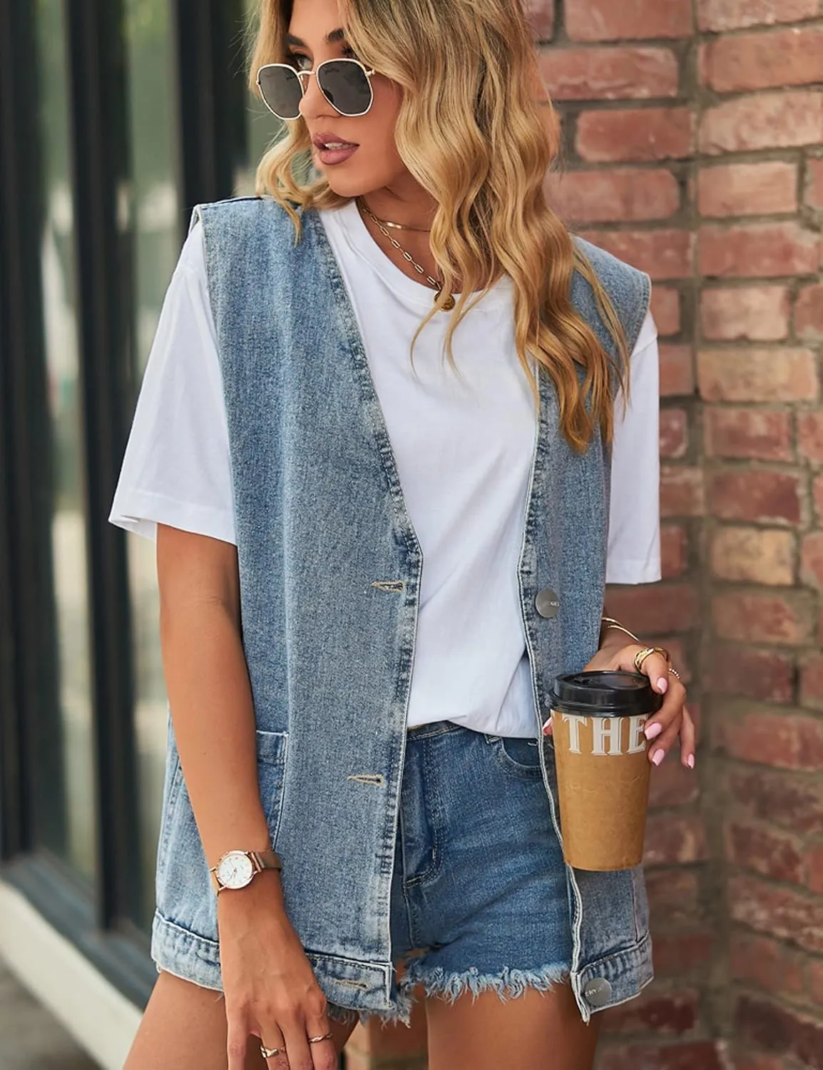 Womens Oversized Sleeveless Jean Denim Jacket Button Down Vest Top for Women Summer Waistcoat Jeans Vests Tops