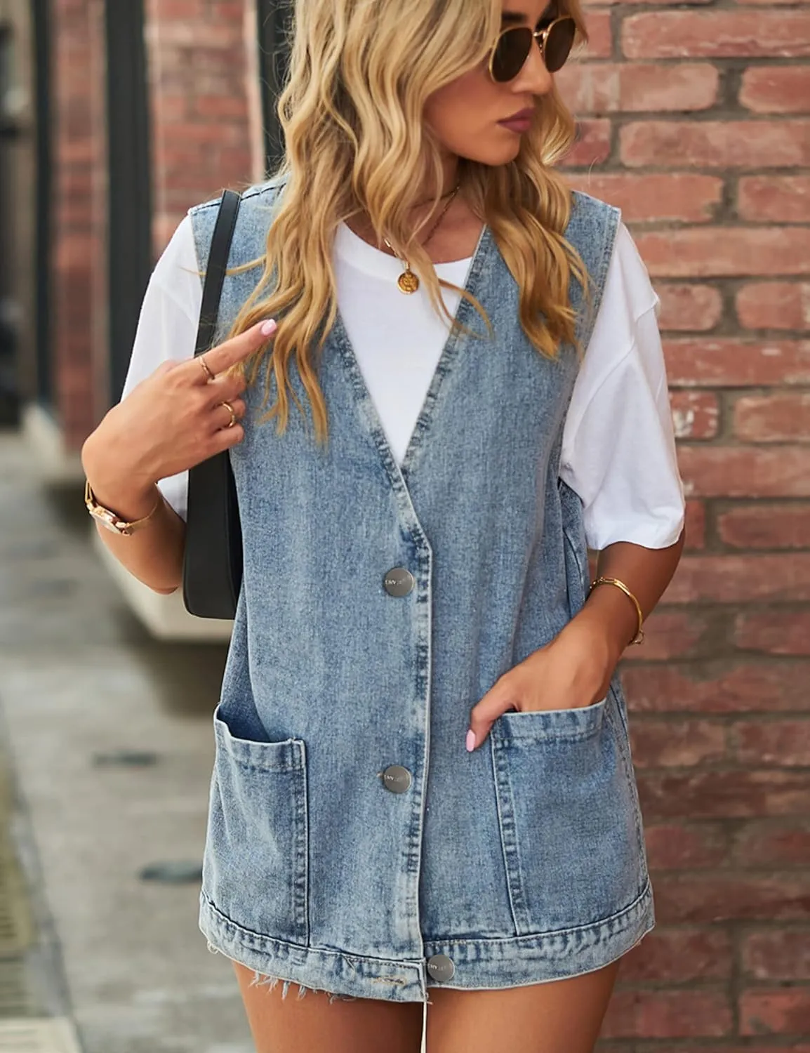 Womens Oversized Sleeveless Jean Denim Jacket Button Down Vest Top for Women Summer Waistcoat Jeans Vests Tops