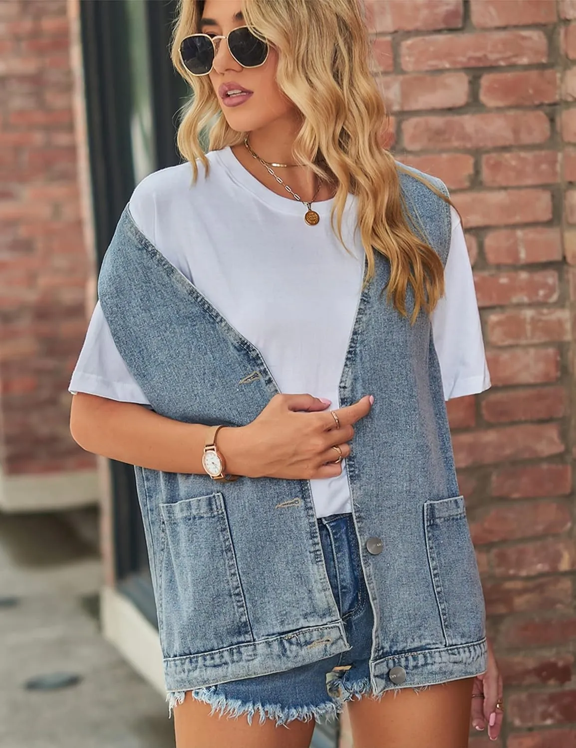 Womens Oversized Sleeveless Jean Denim Jacket Button Down Vest Top for Women Summer Waistcoat Jeans Vests Tops