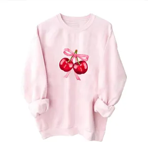 Womens Oversized Sweatshirts Casual Crewneck Long Sleeve Shirts Bow Cherry Printed Outfits Fall Comfy Clothes