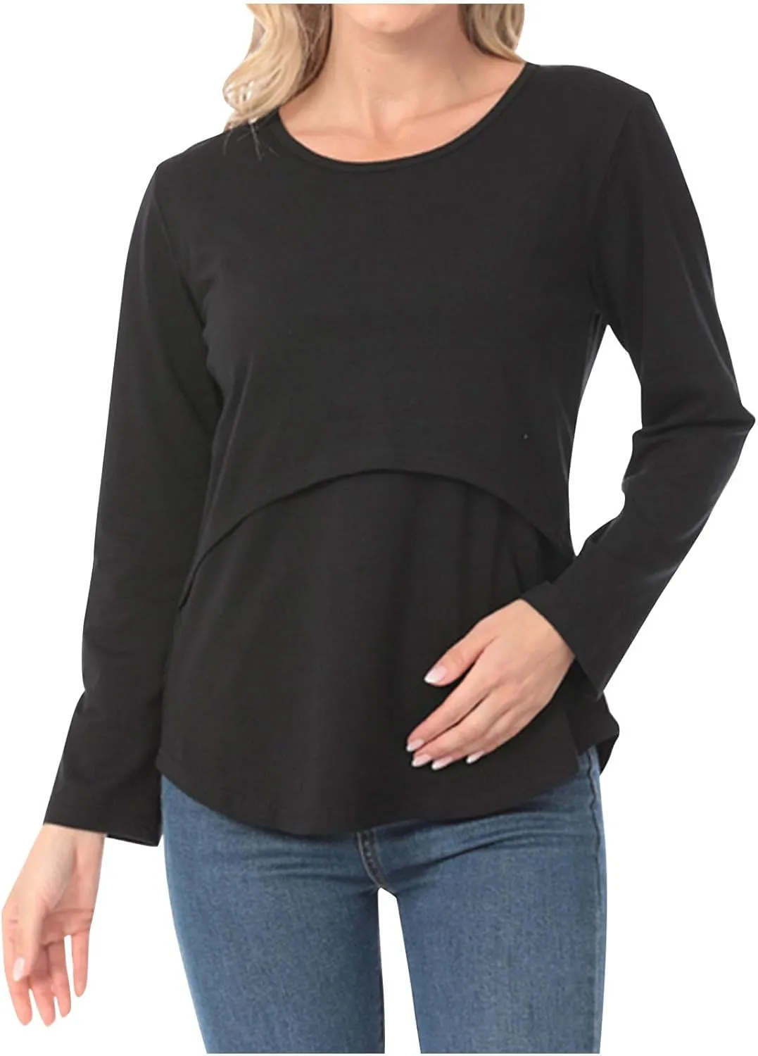 Women's Plus Size Breastfeeding Tops Double Layer Nursing Tees Long Sleeve Crew Neck Maternity Tunics Pullover