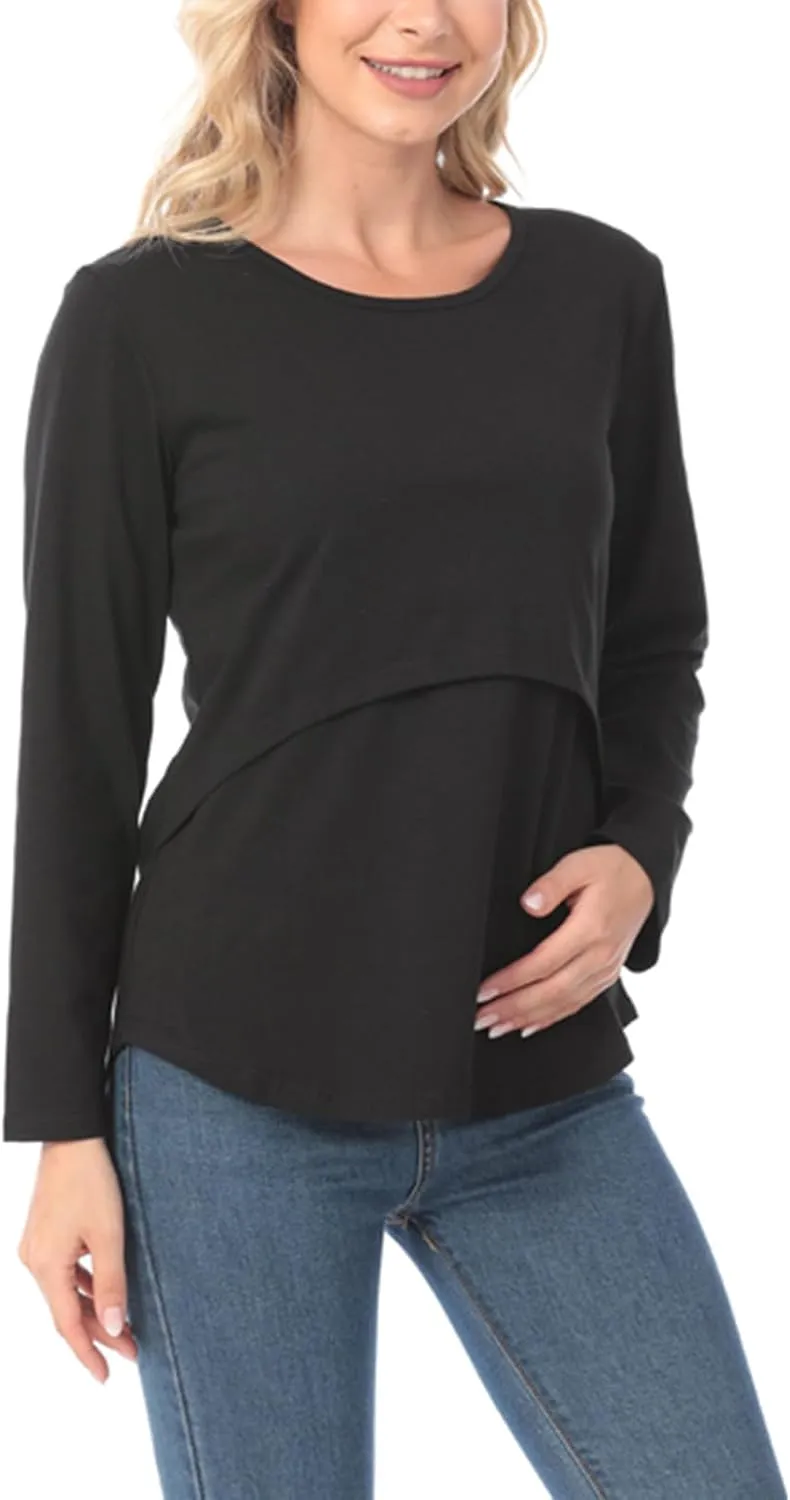 Women's Plus Size Breastfeeding Tops Double Layer Nursing Tees Long Sleeve Crew Neck Maternity Tunics Pullover