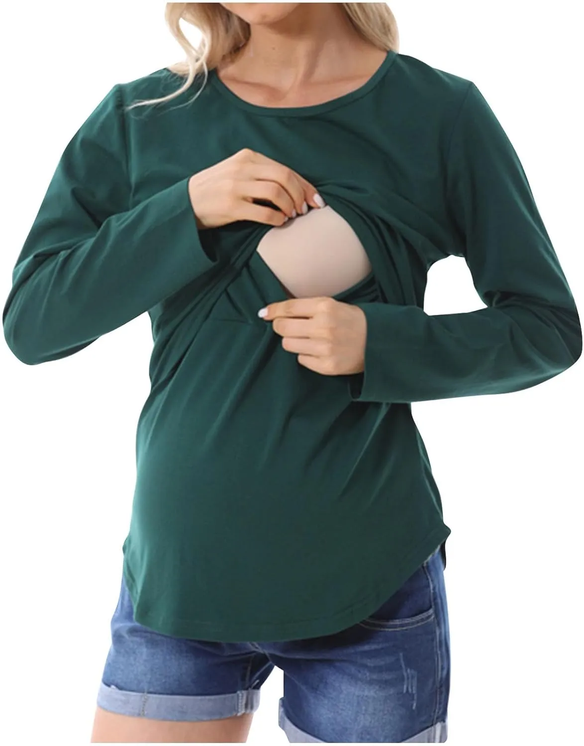 Women's Plus Size Breastfeeding Tops Double Layer Nursing Tees Long Sleeve Crew Neck Maternity Tunics Pullover