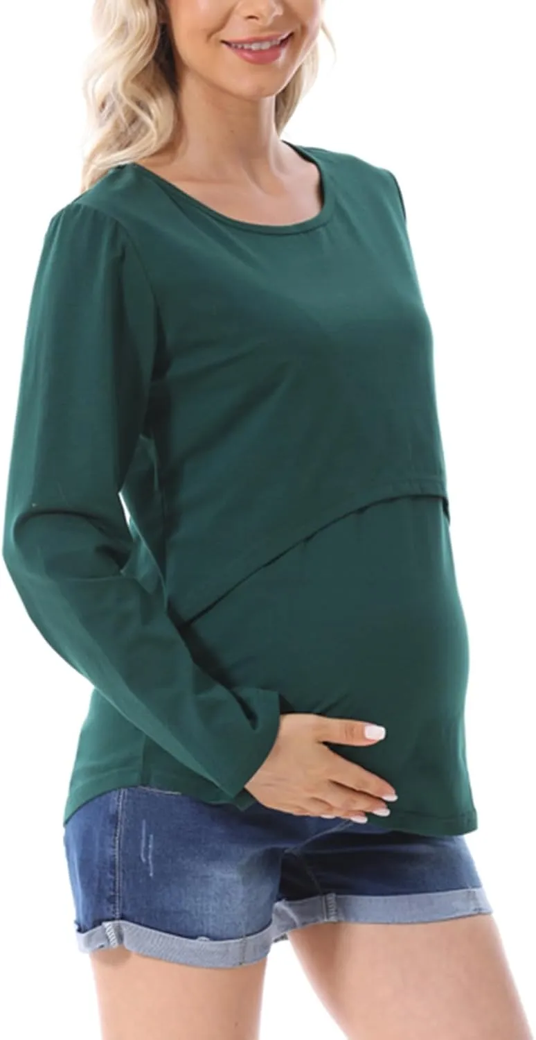 Women's Plus Size Breastfeeding Tops Double Layer Nursing Tees Long Sleeve Crew Neck Maternity Tunics Pullover