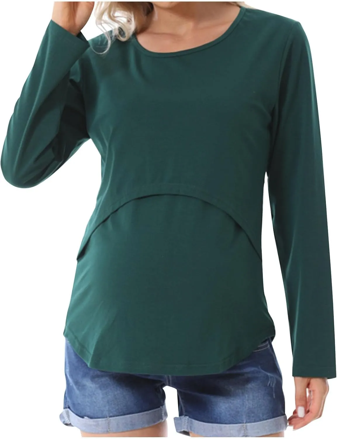 Women's Plus Size Breastfeeding Tops Double Layer Nursing Tees Long Sleeve Crew Neck Maternity Tunics Pullover