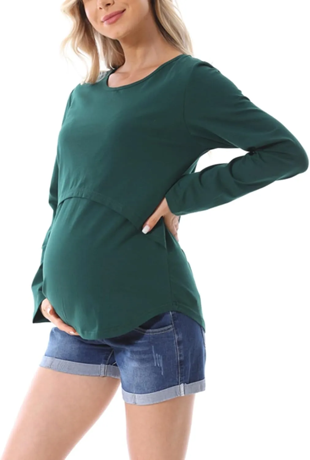 Women's Plus Size Breastfeeding Tops Double Layer Nursing Tees Long Sleeve Crew Neck Maternity Tunics Pullover