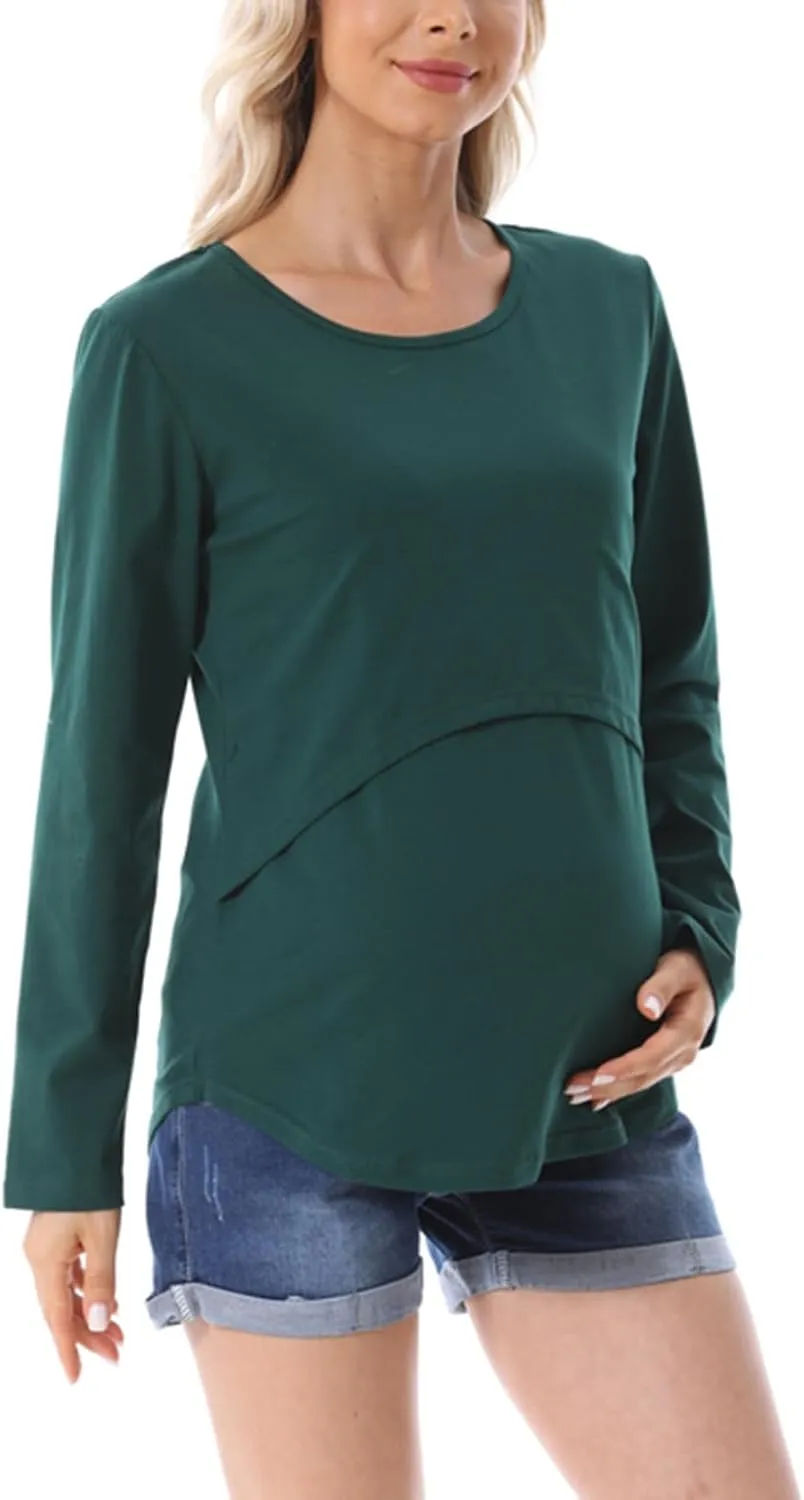 Women's Plus Size Breastfeeding Tops Double Layer Nursing Tees Long Sleeve Crew Neck Maternity Tunics Pullover