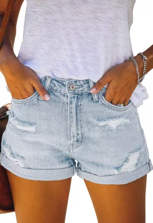 Women's Ripped High Waisted Denim Shorts Stretchy Cuffed Hem Jean Shorts