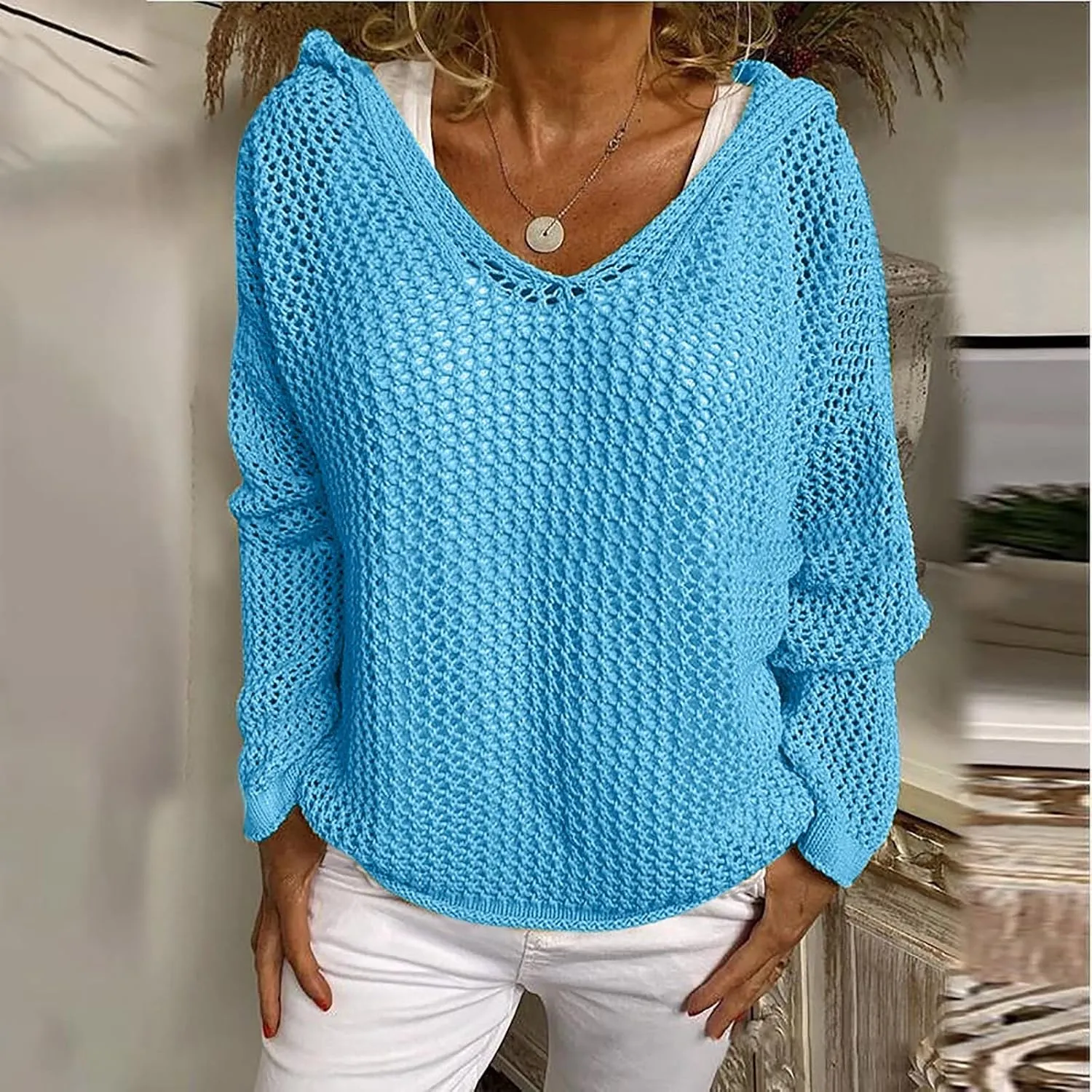 Womens See Through Sweaters Fashion Hollow Out Mesh Hoodies Lightweight Breathable Long Sleeve Crewneck Pullover Tops