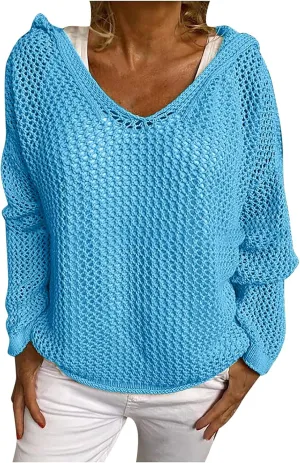Womens See Through Sweaters Fashion Hollow Out Mesh Hoodies Lightweight Breathable Long Sleeve Crewneck Pullover Tops