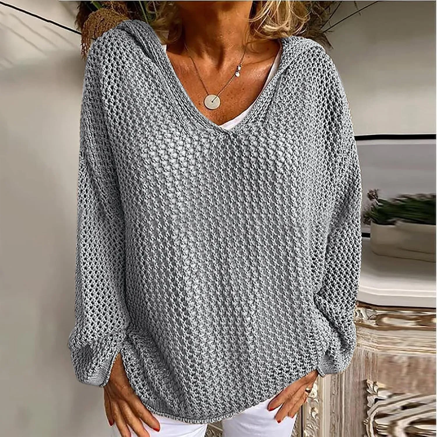 Womens See Through Sweaters Fashion Hollow Out Mesh Hoodies Lightweight Breathable Long Sleeve Crewneck Pullover Tops