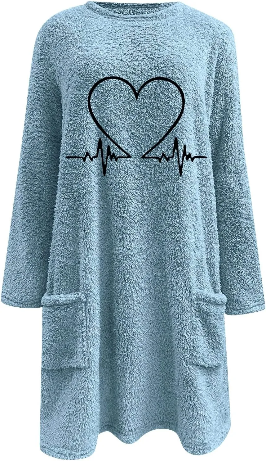 Women's Sherpa Sweatshirts Pockets Casual Pullover Sweaters Long Sleeve Heart Printed Coral Fleece Warm Winter Tops