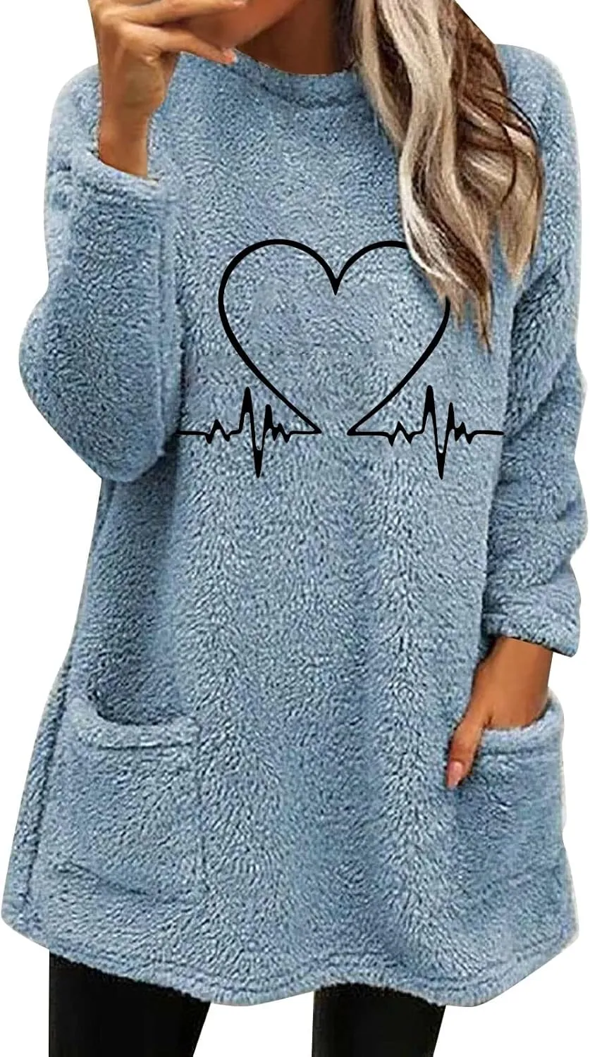 Women's Sherpa Sweatshirts Pockets Casual Pullover Sweaters Long Sleeve Heart Printed Coral Fleece Warm Winter Tops