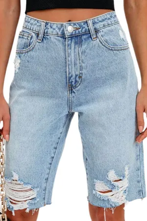 Women's Summer Casual Bermuda Shorts Mid-High Waisted Denim Shorts Stretchy Ripped Cuffed Hem Jean Shorts