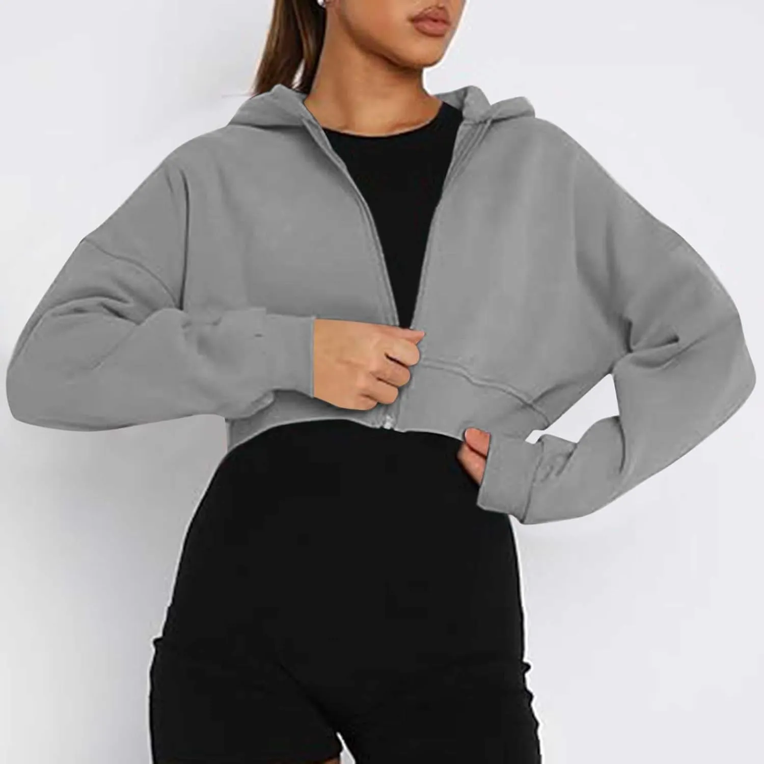 Women's Winter Oversized Half Zipper Cropped Hoodie Sweatshirt Sweaters Clothes,V Neck Long Sleeve Tunic Comfy Tops