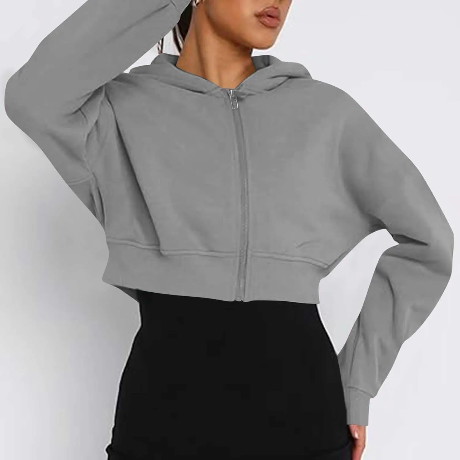 Women's Winter Oversized Half Zipper Cropped Hoodie Sweatshirt Sweaters Clothes,V Neck Long Sleeve Tunic Comfy Tops