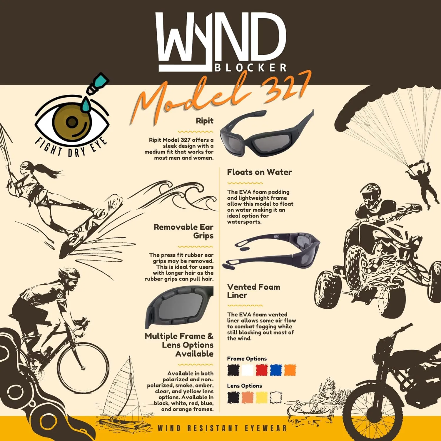 WYND Blocker Polarized Motorcycle & Fishing Floating Sports Wrap Sunglasses (Black/PZ Amber Lens)